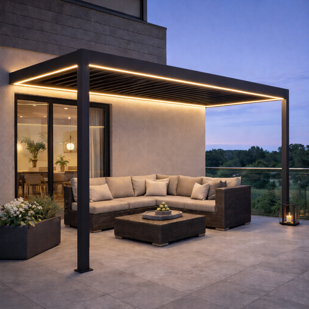 Pergola Aluminiowa Ogrodowa 300x300 cm DELUXE – Ścienna, Elektryczna + LED - obrazek 11